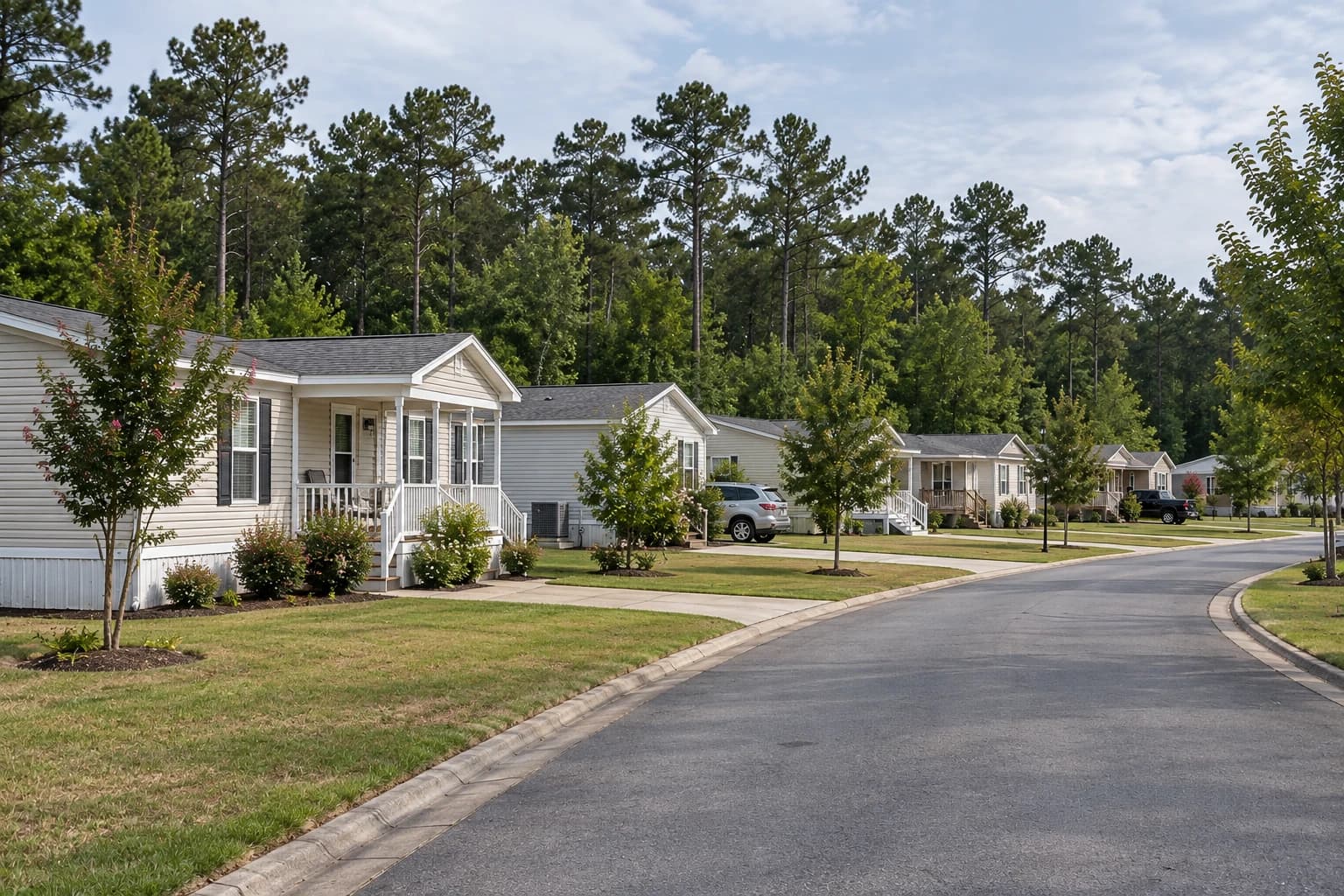 Illustrative view of a paved road through a landscaped residential community